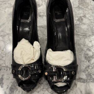 Dior peep-toe black patent shoes in size 7.5